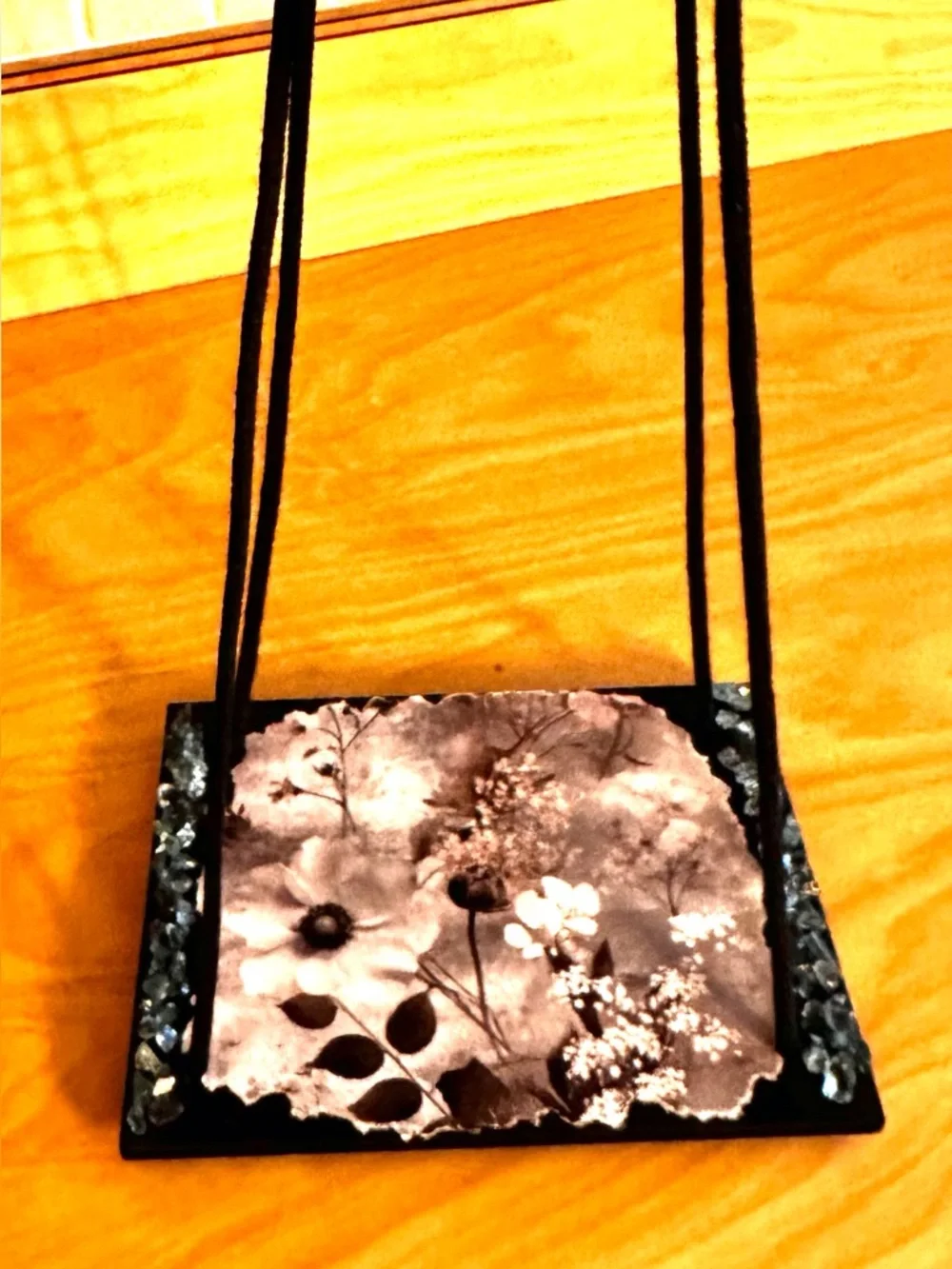 Hand crafted Floral Hanging shelf with Black Cord